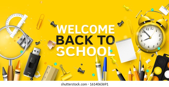Back to school header or banner with school supplies on orange background