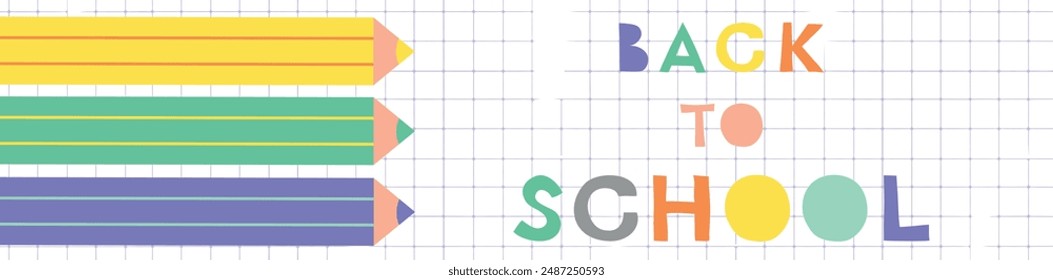 Back to school header. A checkered notebook with pencils and a playful back to school inscription. Colored pencils and colorful text header, banner, poster, background.