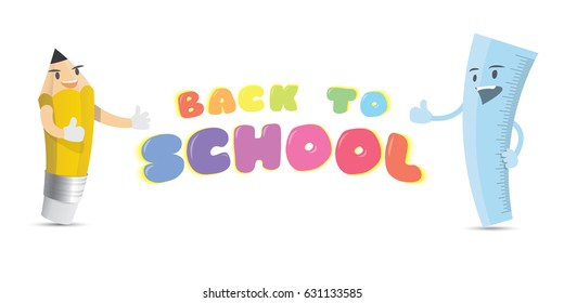 Back to school heading and character cartoon design of pencil and ruler on white background illustration vector. Education concept.