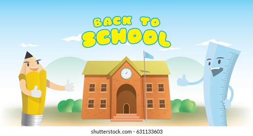 Back to school heading and character cartoon design of pencil and ruler with  brick school building cartoon illustration vector. Education concept.