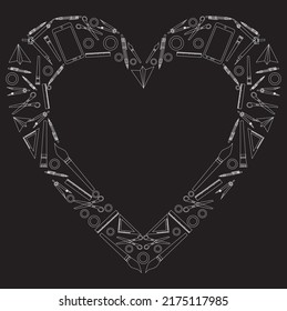 Back to School heart symbol. Learning school flat icon silhouette collection. First day school equipment, Education concept icon kit. Scissors, laptop, pen, paints vector