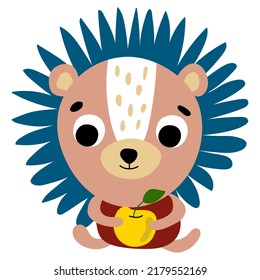 Back to school. Hedgehog with an apple. Draw style. White background, isolate. vector illustration.