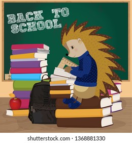 Back to school. A hedgehog on the background of the blackboard and school accessories, the concept of school, study, students. Vector illustration.