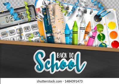Back to school high quality background with blackboard in a wooden frame and falling confetti and ringlets over education stationery supplies - highlighters, crayons, calculator pencil with eraser.