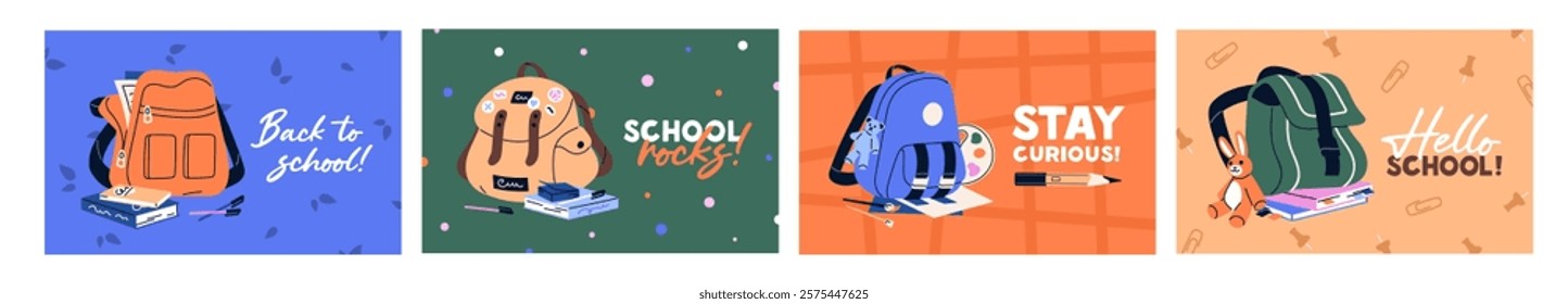 Back to school holiday greeting postcards designs set. Kids cards templates with backpacks, stationery. Funny layouts with students' bags, knapsacks, rucksacks, schoolbags. Flat vector illustrations