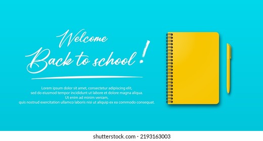 Back to school. Holiday for students. Banner concept with notebook and pen on turquoise or light blue background. Small handwritten text back to school. Place for text. Education poster.