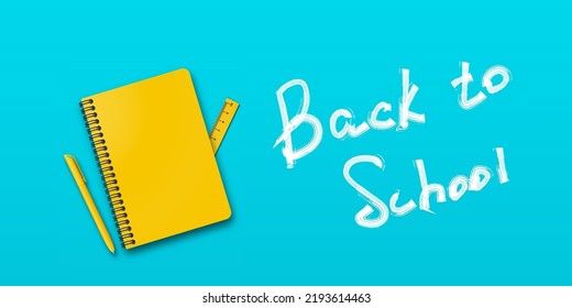 Back to school. Holiday for students. Banner concept with notebook and pen on turquoise or light blue background. Small handwritten text back to school. Place for text. Education poster.