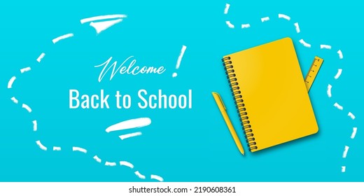 De vuelta a la escuela. Vacaciones para estudiantes. Pancarta vectorial con cuaderno y bolígrafo sobre fondo turquesa o azul claro. Pequeño texto escrito a mano de vuelta a la escuela. Colocar el texto. Afiche educativo.