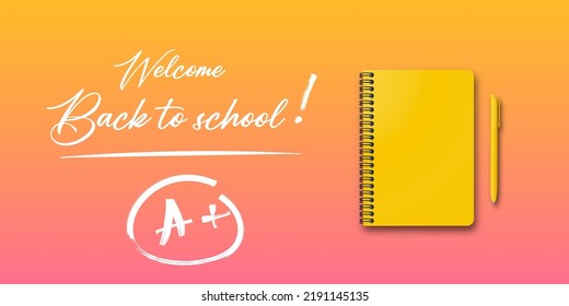 De vuelta a la escuela. Vacaciones para estudiantes. Concepto de banner vectorial con cuaderno y pluma en el fondo del otoño. Pequeño texto escrito a mano de vuelta a la escuela. Colocar el texto. Afiche educativo.