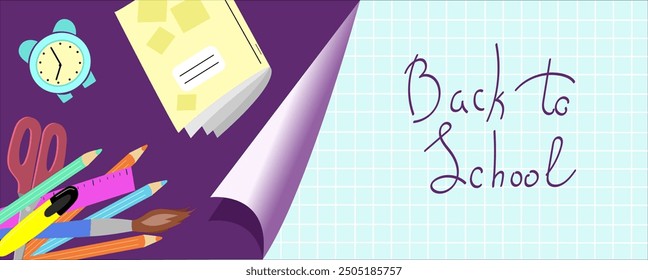 Back to school horisontal banner with lettering. School supplies stationery hand drawn doodles. Checkered grid sheet background. School stuff flat style. Education theme advertation flyer template. 