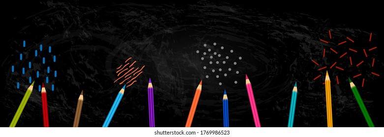 Back to school horizontal banner background pattern with blackboard and colorful pencils doodles