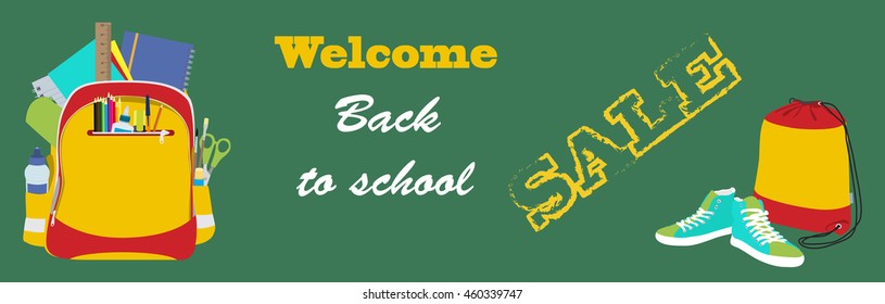 Back to school horizontal banner School bag, backpack full of school supplies and gym bag with sneakers flat vector template.