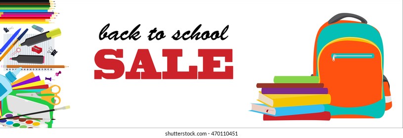 Back to school horizontal banner School bag, backpack with books and school supplies set flat vector template. Objects are cut out with clipping path.
