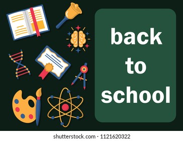 Back to school horizontal banner with bell certificate divider and other school supplies vector illustration. Colorful template for web site print media apps. Education concept