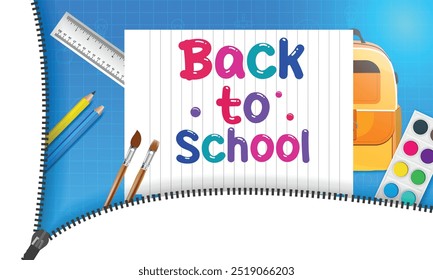 Voltar para o fundo de papel xadrez com banner horizontal da escola. Cartas de esboço desenhadas à mão e rabiscos com lápis multicoloridos em um pano de fundo texturizado.