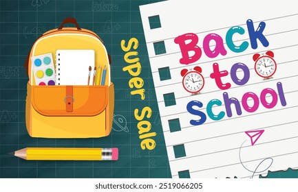 Fondo de papel a cuadros de Anuncio Horizontal de regreso a la escuela. Dibujado a mano dibuja letras y garabatos con lápices multicolores sobre un fondo texturizado.