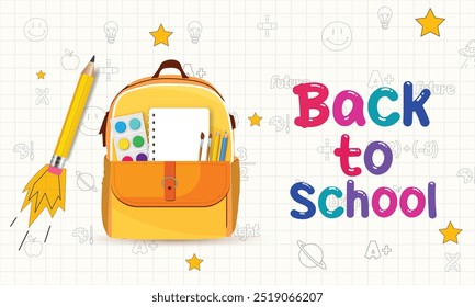 Voltar para o fundo de papel xadrez com banner horizontal da escola. Cartas de esboço desenhadas à mão e rabiscos com lápis multicoloridos em um pano de fundo texturizado.