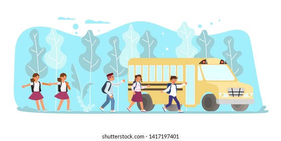 Back to school horizontal banner. School children go to the schoolbus. Flat Art Vector illustration