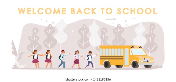Back to school horizontal banner. School children go to the schoolbus. Flat Art Vector illustration