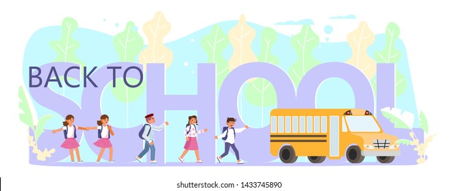 Back to school horizontal banner. School children go to the schoolbus. Flat Art Vector illustration