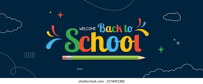 Back to School horizontal banner with colorful lettering. Online courses, learning and tutorials Web page template. Online education concept