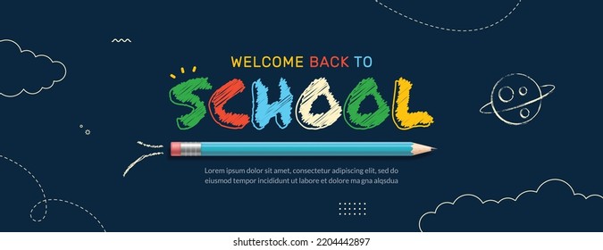 Back to School horizontal banner with colorful lettering. Online courses, learning and tutorials Web page template. Online education concept