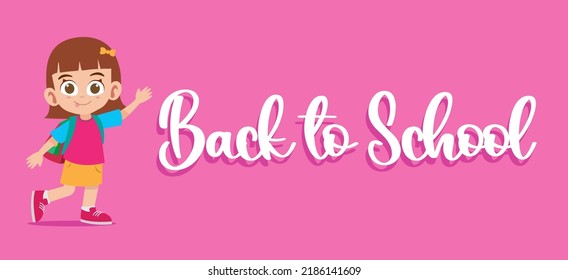 Back to School horizontal banner with cute little girl character vector illustration.