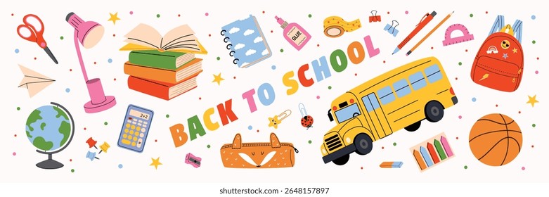 Back to school horizontal banner with cute school supplies and yellow school bus. Education concept isolated on white background. Funny and bright design for children, learning and September season.