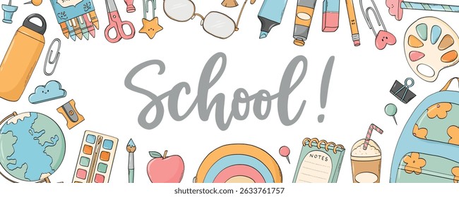 Back to school horizontal banner decorated with cute doodles and lettering quote. Good for posters, prints, cards, templates, invitations, sales, etc. EPS 10