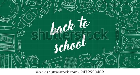 back to school horizontal banner with doodles, chalkboard green background. Good for posters, sales, prints, cards, invitations, templates, etc. EPS 10