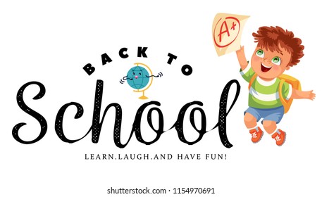 Back to school horizontal banner, Education template with happy cartoon boy with excellent mark
