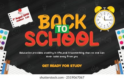 Voltar para a faixa horizontal da escola, com papel quadriculado e ícones de elementos de aprendizagem, perfeito para um fundo de modelo educacional. Ilustração vetorial para um tema back-to-school.