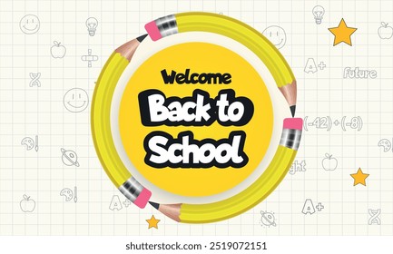 Back to school horizontal banner, featuring checkered paper and learning element icons, perfect for an educational template background. Vector illustration for a back-to-school theme.
