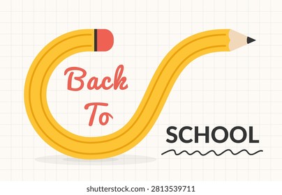Back to school horizontal banner, featuring a creative curved yellow pencil on grid notebook background
