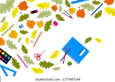 Back to school horizontal banner frame with autumn leaves, compasses, colored crayons, erasers, scissors, paper clips, sharpeners, ruler, push pin, watercolor,  pen
