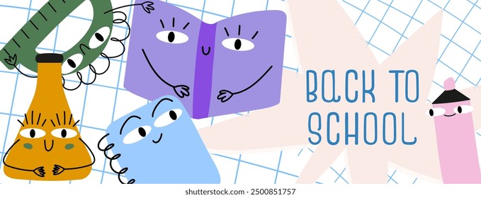 Back to school horizontal banner. Funny trendy characters: book, protractor, spiral notebook, chemistry flask and felt-tip pen with huge eyes. Checkered background