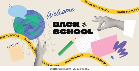 Back to school horizontal banner, halftone hands collage, paper cut, template, concept, modern vector illustration