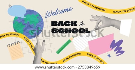 Back to school horizontal banner, halftone hands collage, paper cut, template, concept, modern vector illustration