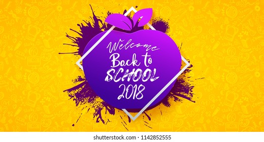 Back to school Horizontal banner with hand drawn Education doodles pattern, calligraphy logo on apple and ink splash background. School ideas and symbols background. Vector frame illustration