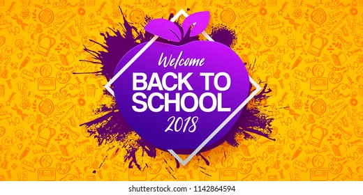 Back to school Horizontal banner with hand drawn Education doodles pattern. Logo on apple and ink splash background. School concept ideas and symbols background. Vector frame illustration