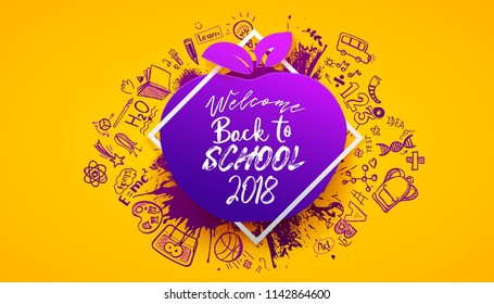 Back to school Horizontal banner with hand drawn Education doodles pattern. Logo on apple and ink splash background. School concept ideas and symbols background. Vector frame illustration. Purple