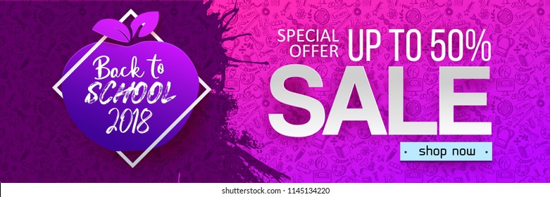Back to school Horizontal banner with hand drawn Education doodles pattern. Logo apple with ink splash and paper frame and ink splash background. School symbol background. Vector illustration. Purple
