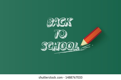 Back to school Horizontal banner hand-drawing on chalkboard. Creative  learning pencil design for School concept ideas. Sketch on the blackboard. Vector minimal green background.