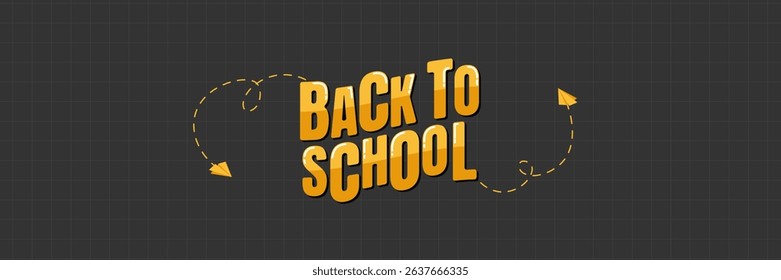 Back to school horizontal banner with handwritten elements in doodle style as frame around. Dark black chalkboard and checkered paper on background. Vector illustration for ad, billboard, layout