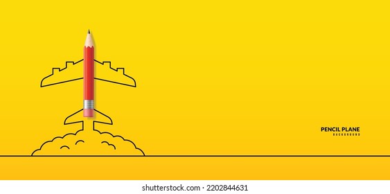 Back to School horizontal banner with pencil plane flying to sky. Online courses, learning and tutorials Web page template. Online education concept