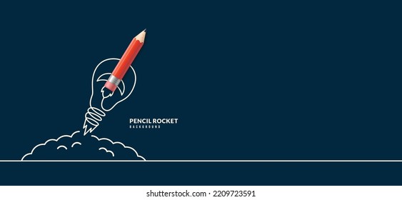 Back to School horizontal banner with rocket pencil launching to space. Online courses, learning and tutorials Web page template. Online education concept