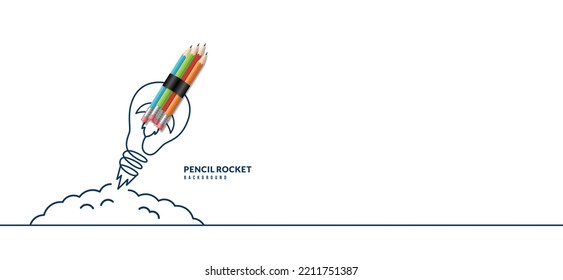 Back to School horizontal banner with rocket pencil launching to space. Online courses, learning and tutorials Web page template. Online education concept