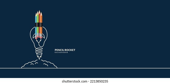 Back to School horizontal banner with rocket pencil launching to space. Online courses, learning and tutorials Web page template. Online education concept