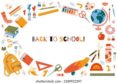 Back to school horizontal banner, round frame with cute school stationery and art supplies, cartoon style. Trendy modern vector illustration isolated on white background, hand drawn, flat design.