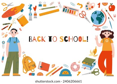 Back to school horizontal banner with round frame, cartoon style. Classmates kids characters, cute stationery and art supplies. Trendy modern vector illustration isolated on white, flat design